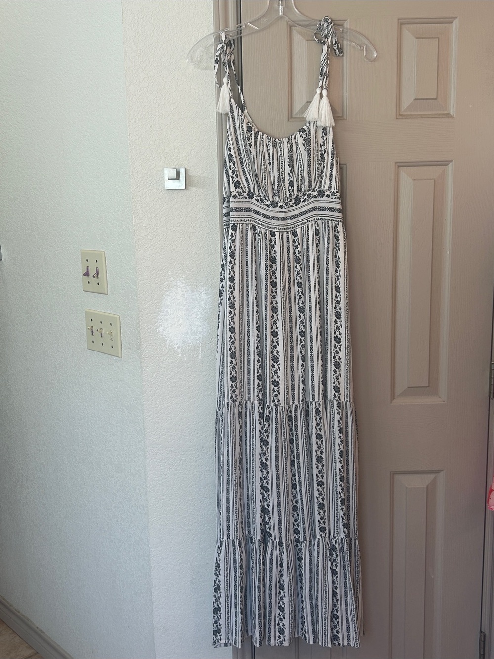 Promesa Black & White Striped Floral Tie-Shoulder Maxi Dress